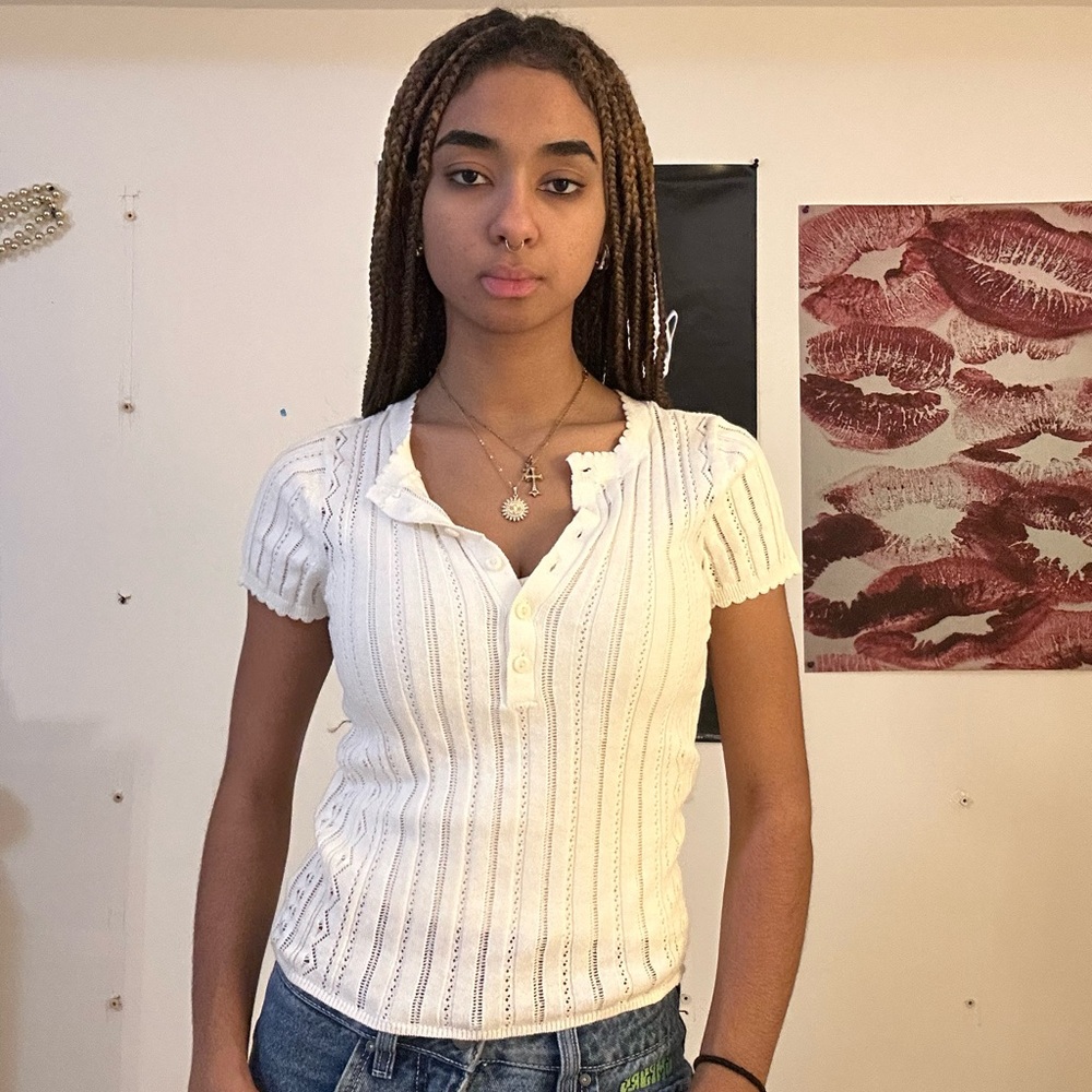 American Eagle Pointelle Sweater-Feel Henley Short Sleeve